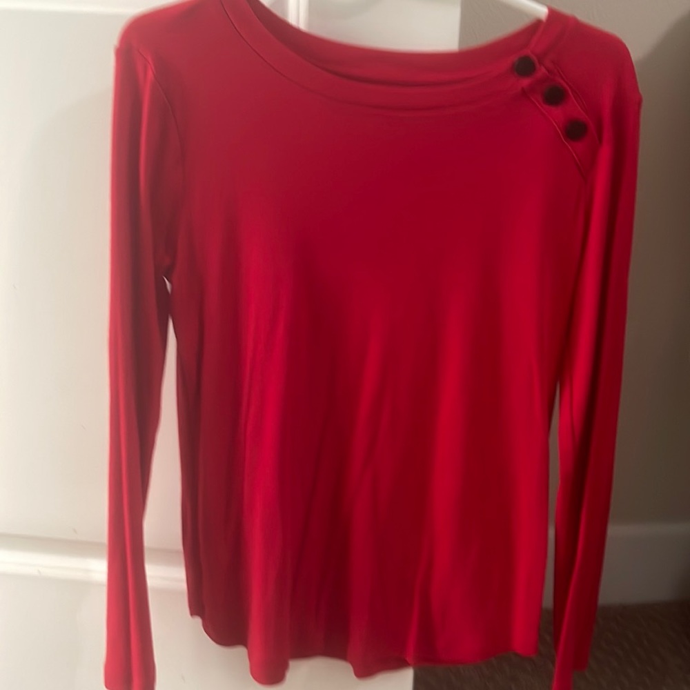 Loft Cotton Blend Red Button Shoulder Top